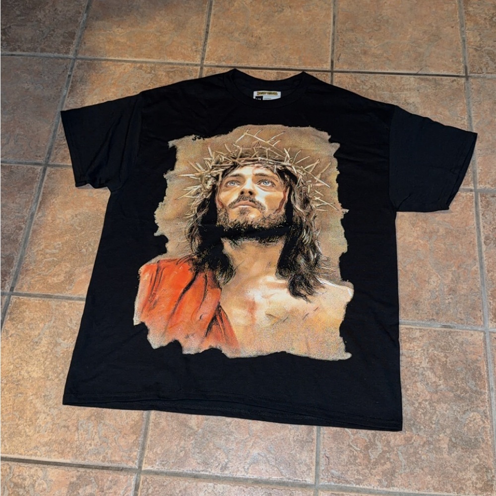 Black Jesus Graphic Crewneck T-Shirt with Religious Portrait